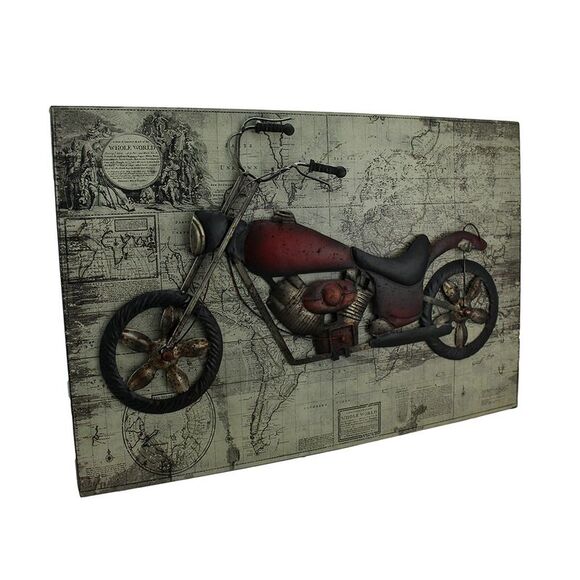 World of Adventure Vintage V-Twin Motorcycle Sculpture On Wood Map Wall Hanging - Picture 1 of 3